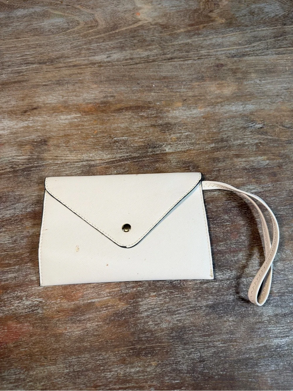 Cream Faux Leather Envelope Wristlet Clutch Wallet Snap Closure